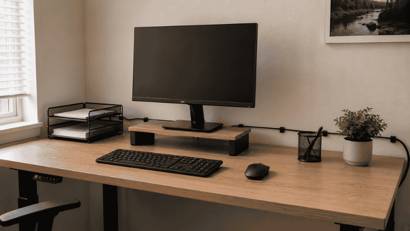 A budget-friendly home office setup showing a simple desk with monitor riser made from books, basic cable clips, and a letter tray as affordable organization