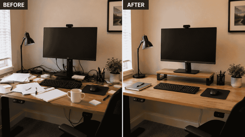 A before and after comparison of a home office desk showing cluttered state on the left and the same desk organized and clean on the right