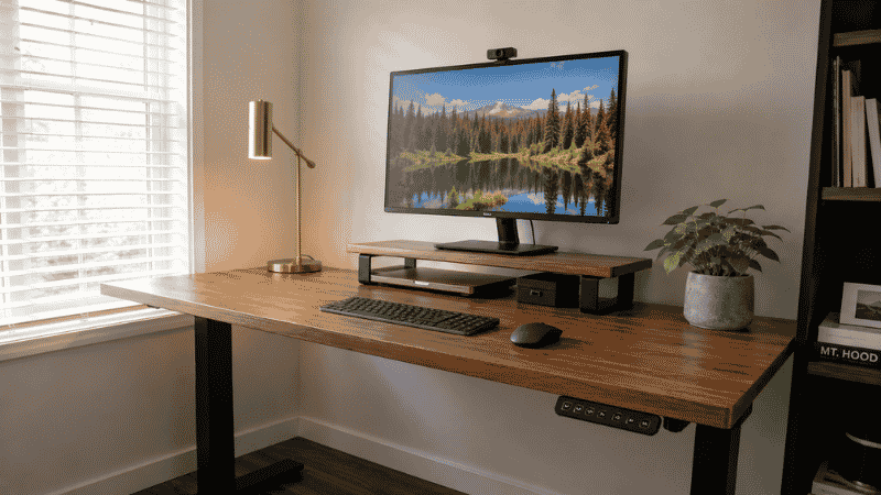 A clean functional home office setup with monitor at eye level, organized desk surface, natural light from the side, and no visible cables