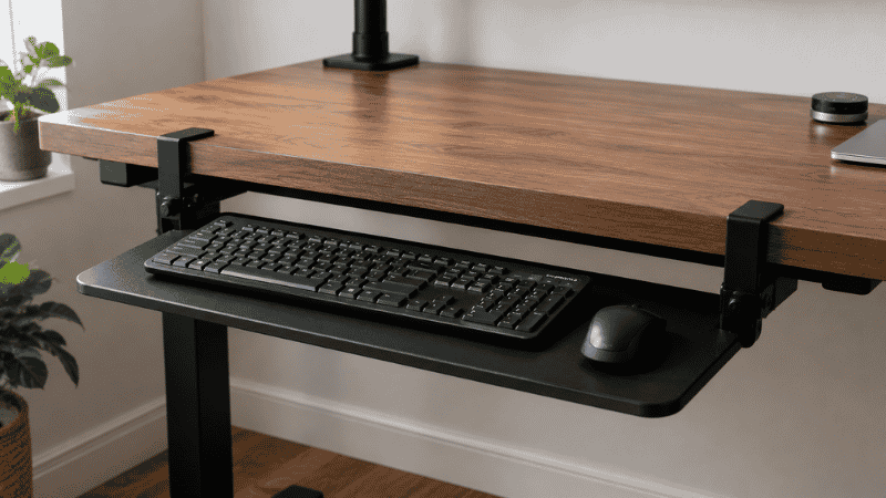 A clamp-on under desk keyboard tray extended from beneath a wooden home office desk with keyboard and mouse on the platform