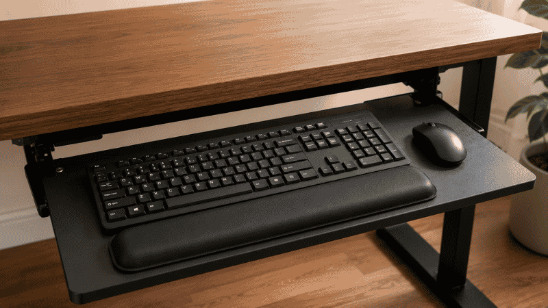 A keyboard tray with wrist rest pad showing a complete ergonomic typing setup with keyboard and mouse at proper below-desk height