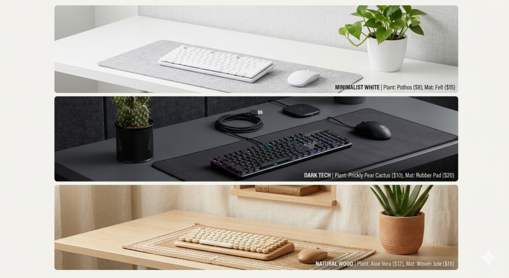 A gallery showcasing Minimalist White, Dark Tech, and Natural Wood desk styles using budget-friendly home office essentials.