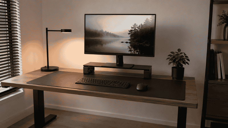 A modern minimal home office with clean lines, monitor at eye level on a stand, desk mat covering the surface, and all cables hidden