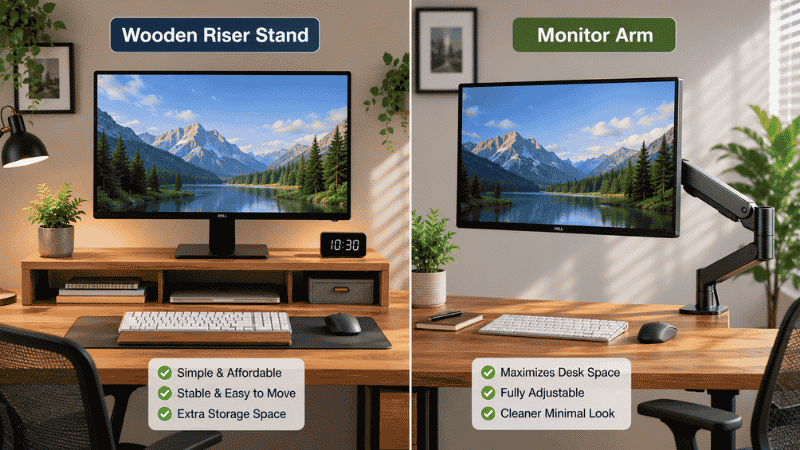 Side by side comparison showing a monitor on a fixed riser stand on the left and a monitor on an adjustable arm mount on the right