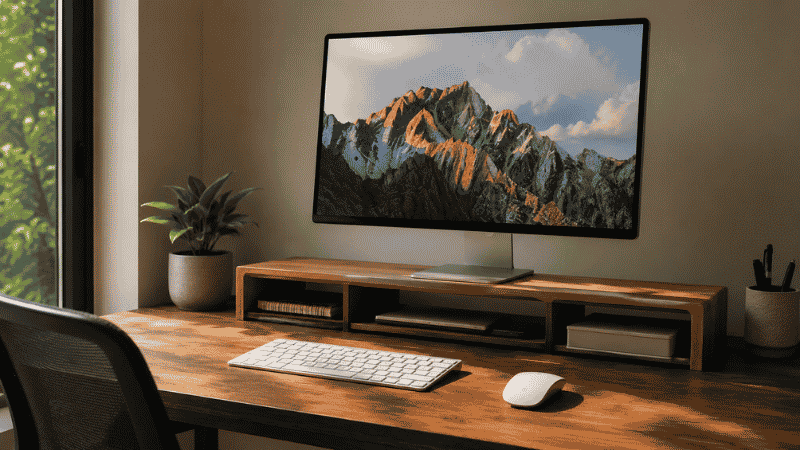 A home office desk with a monitor elevated on a wooden monitor stand at correct eye level height with clean desk surface below