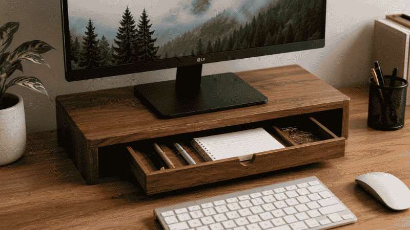 A monitor stand with built-in drawer pulled open showing organized storage space underneath the elevated monitor platform