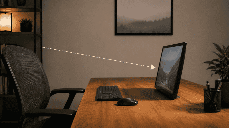 A monitor sitting directly on a desk surface at too low a height causing the viewer to look downward creating neck strain
