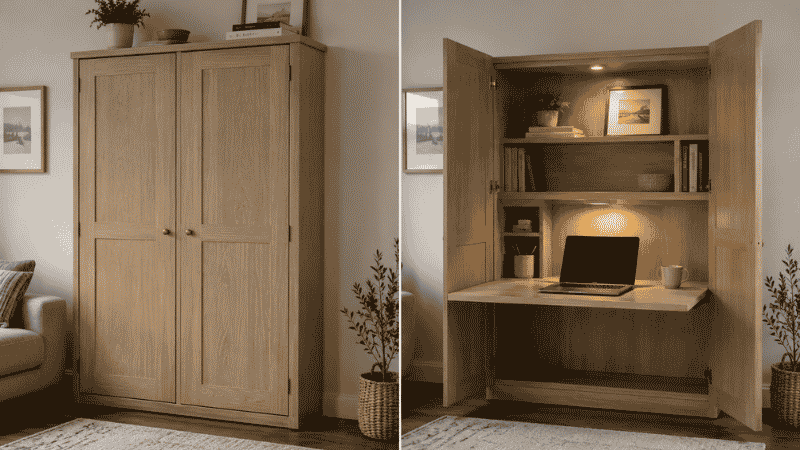 A murphy desk unit shown with cabinet doors open revealing a complete work surface, and the same unit shown closed looking like a regular cabinet