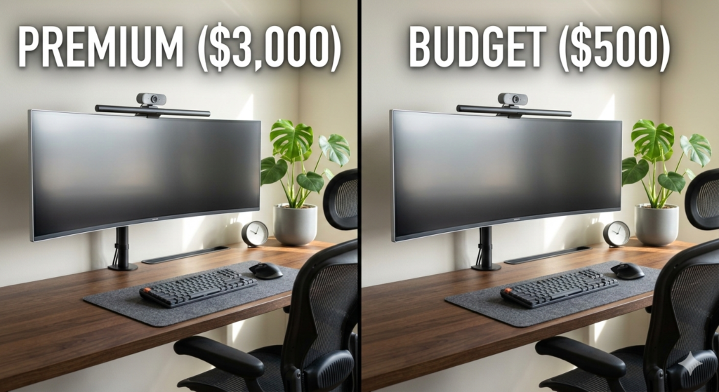Side-by-side comparison of a $3,000 premium workspace versus a $500 budget aesthetic desk setup showing identical quality.