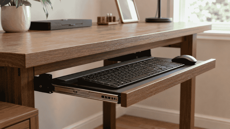 A pull-out keyboard drawer slide extended from beneath a desk showing the track mechanism and platform with keyboard in place