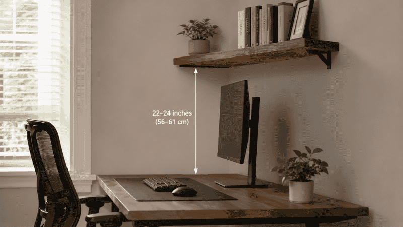A wall-mounted shelf above a desk showing the correct 22-24 inch clearance height with monitor fitting comfortably underneath