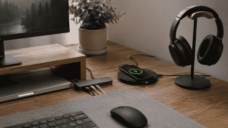 A desk setup showing tech accessories including a USB hub, wireless charging pad, and headphone stand neatly integrated into a home office workspace