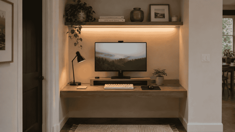 A home office desk installed across a wall alcove or niche creating a recessed workspace with the desk surface spanning the full alcove width