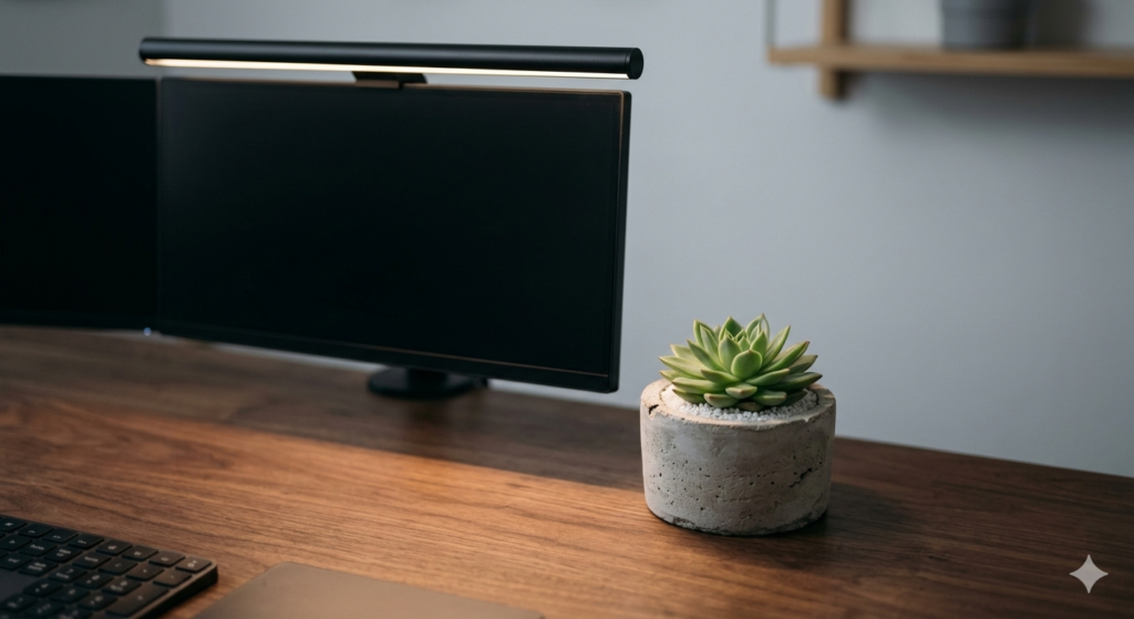 Close-up of a zen minimalist desk featuring a black monitor light bar and a small potted succulent.
