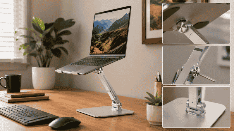 An adjustable laptop stand with visible height adjustment mechanism showing the stand extended to different heights demonstrating its flexibility