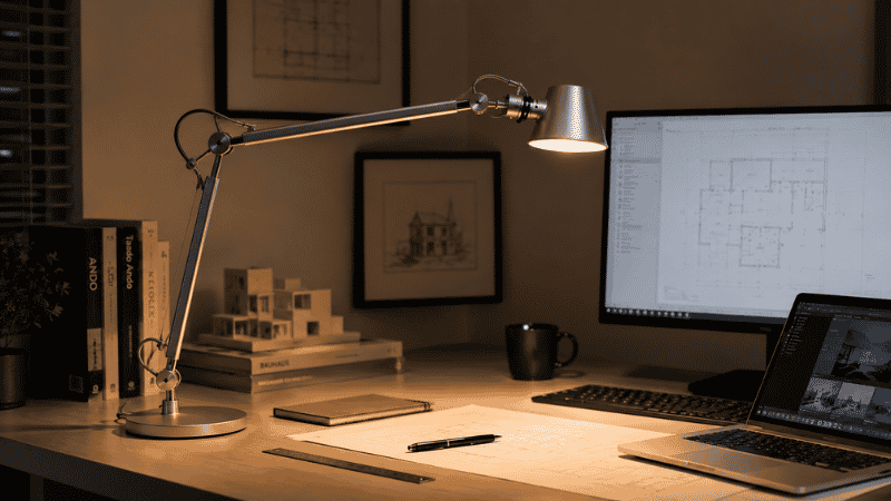 A modern architect-style adjustable arm desk lamp positioned at a home office desk showing the flexible articulated arm allowing precise light positioning