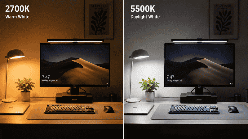 A split image comparing warm orange desk lamp light on the left versus cool daylight white desk lamp light on the right showing the difference in color temperature