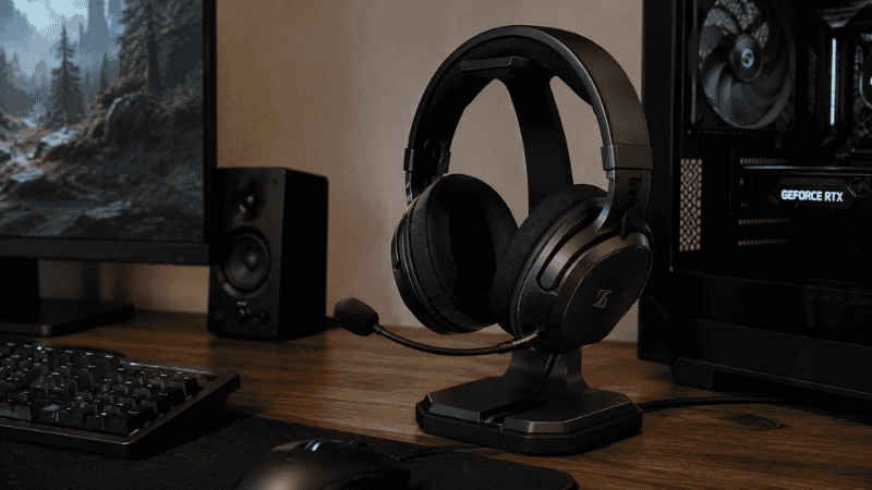 A gaming headset stand with a wide arm accommodating a large gaming headset with boom microphone and cable management channel on the base