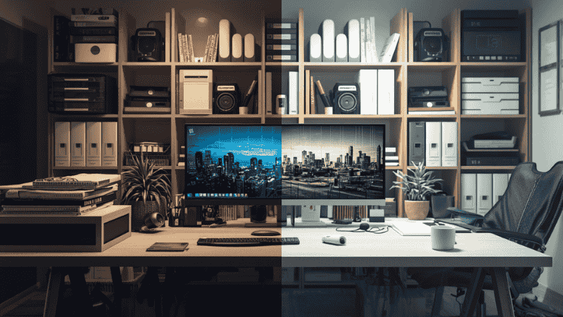 A side-by-side comparison of a cluttered office drawer versus a highly organized drawer using the Gridfinity 3D printed modular system for SD cards, batteries, and office tools