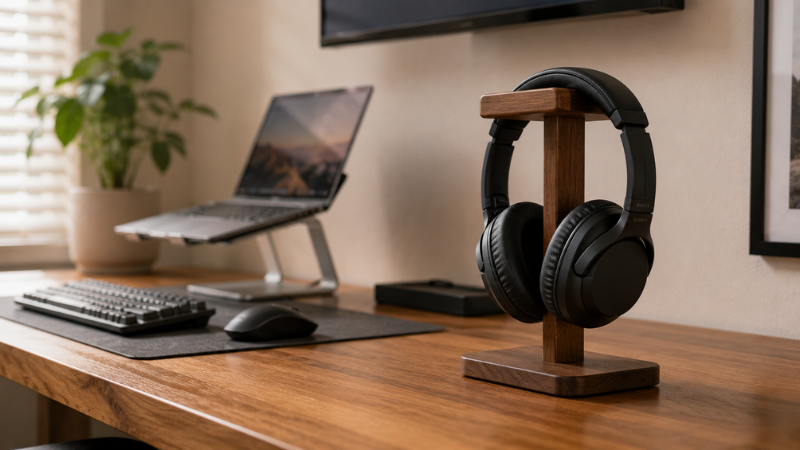 A pair of headphones resting on a wooden headphone stand on a clean home office desk showing how a stand organizes the workspace