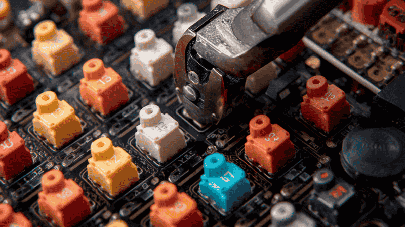 A close-up shot of a hot-swappable mechanical keyboard PCB with different tactile and linear switches being installed, showing the customization process for office productivity.