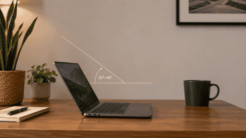 A laptop sitting flat on a desk surface showing the screen too low and the downward viewing angle that causes neck strain