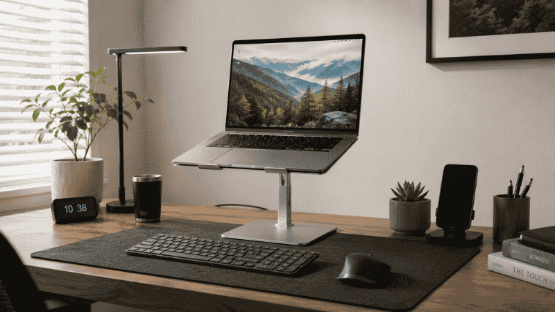 A complete ergonomic laptop desk setup showing laptop elevated on stand at eye level with external keyboard and mouse at elbow height on the desk below