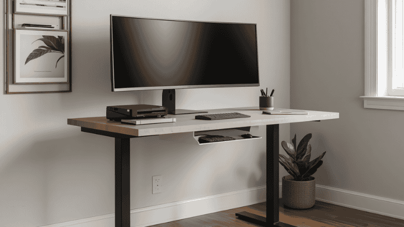 A professional minimalist home office featuring an ultrawide monitor on a 60-inch standing desk with a high-speed desktop document scanner positioned for an efficient paperless workflow.