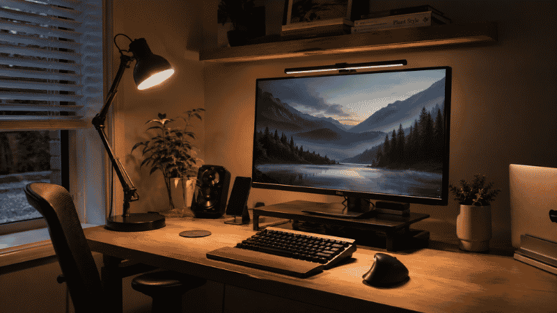 A home office desk with a monitor light bar clipped to the screen illuminating the keyboard below and a desk lamp providing front lighting