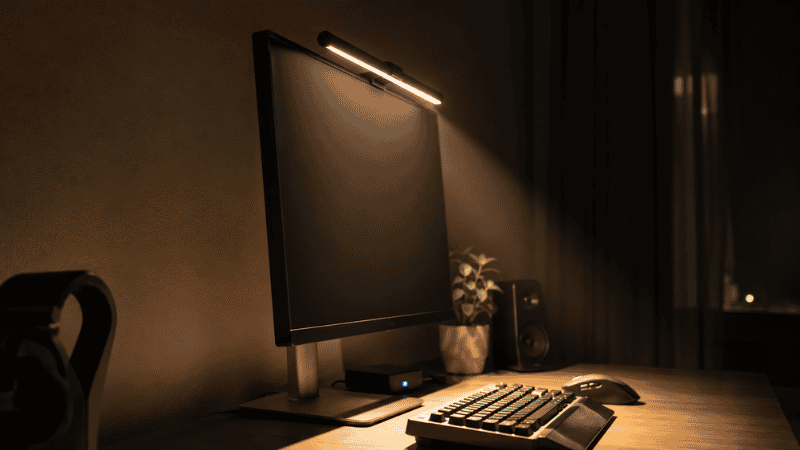 A monitor light bar clipped to the top of a monitor casting asymmetric light downward onto the keyboard and desk surface without hitting the screen