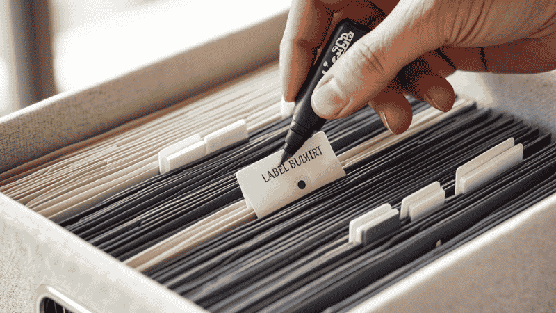 A close-up shot of a person using a label maker to organize hanging file folders inside a linen storage bin, demonstrating a structured physical filing workflow