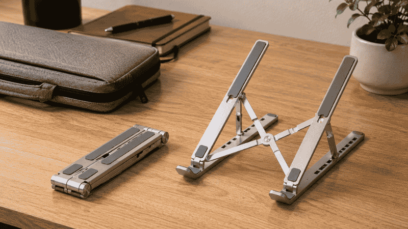 A portable foldable laptop stand shown in its folded compact state next to a laptop bag demonstrating its travel-friendly size