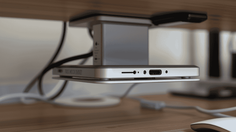Close-up view of an under-desk setup showing a 3D printed laptop mount and thunderbolt dock cradle, demonstrating clean cable routing and reclaimed desk surface area