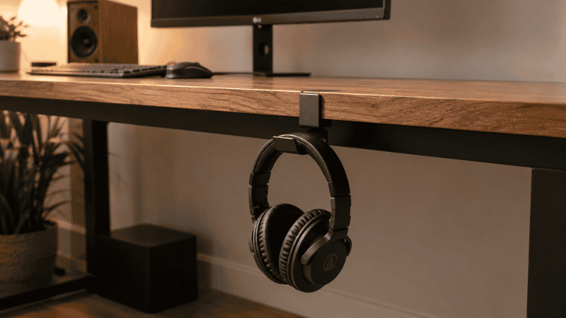 A headphone hook mounted under the front edge of a desk with headphones hanging below the desk surface keeping the desktop completely clear