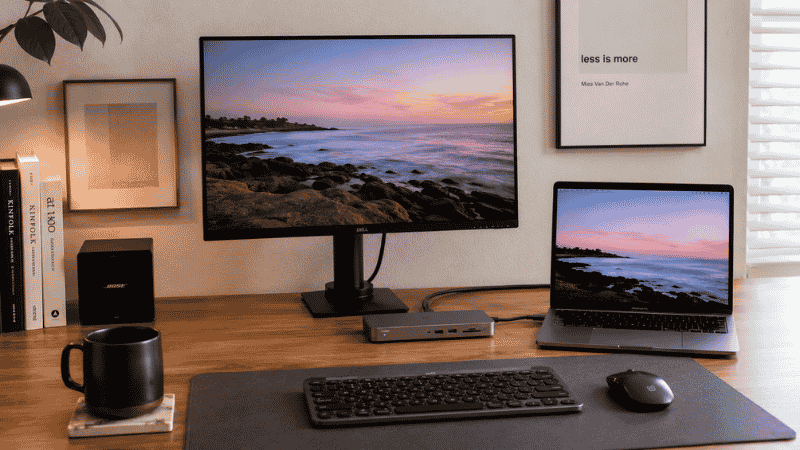 A home office desk with a USB-C docking station connecting a laptop to a monitor, keyboard, mouse, and other peripherals through a single cable
