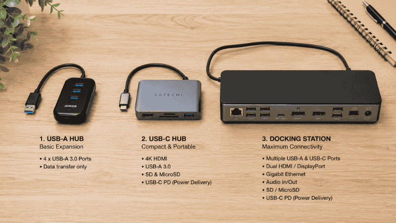 Three types of USB expansion devices side by side — a basic USB hub, a compact USB-C hub, and a full-size docking station showing the size and capability differences