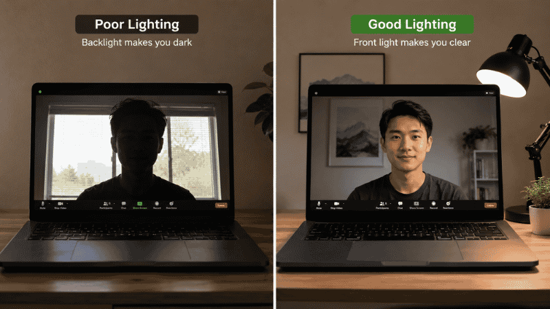 A split image showing a person appearing dark and backlit on a video call on the left versus properly front-lit and clearly visible on the right