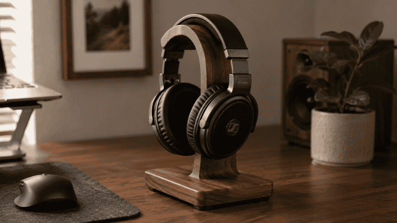 A natural walnut or bamboo wooden headphone stand with headphones resting on it showing the warm aesthetic and desk surface protection