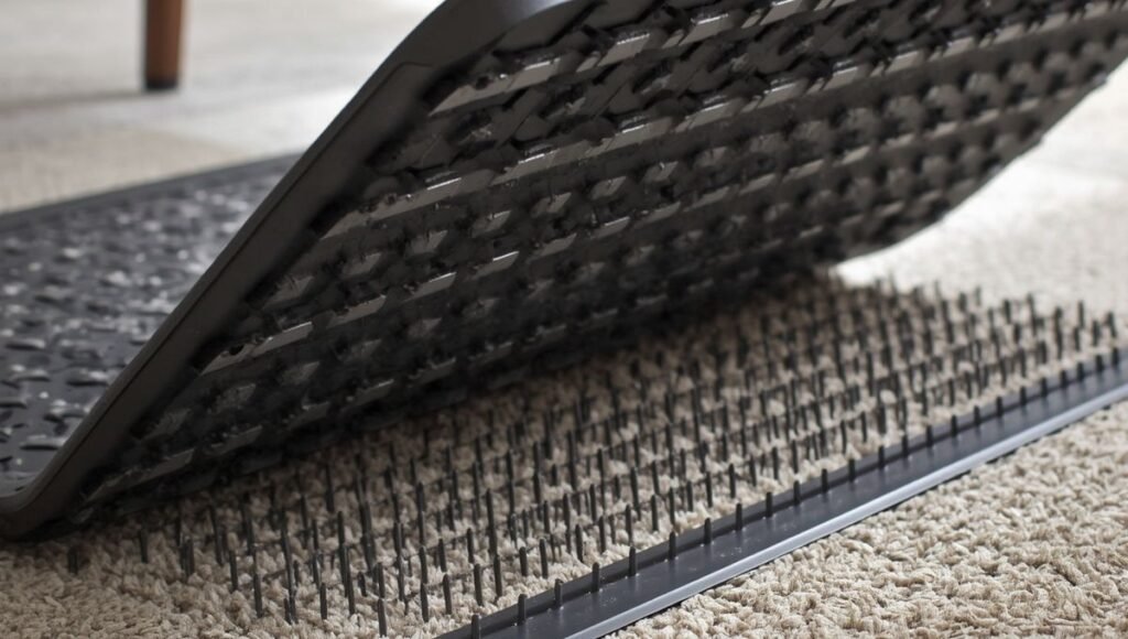 The underside of a carpet chair mat showing the cleats and spikes that grip carpet fibers to prevent the mat from sliding