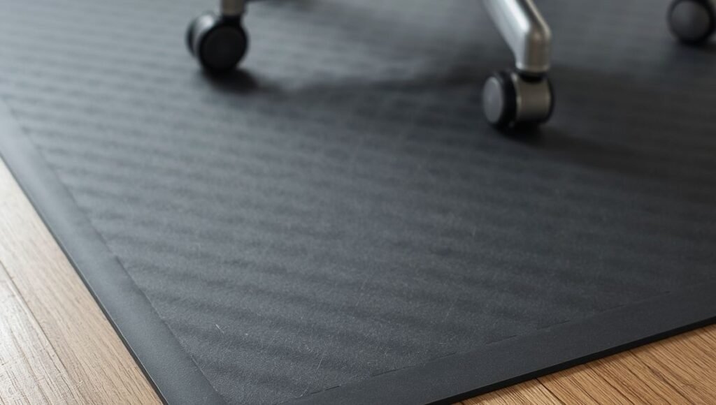 A chair mat with smooth flat backing placed on a hardwood floor showing correct installation with no spikes touching the wood surface