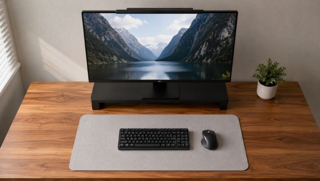 A minimal clean desk setup with only essential items on the surface — keyboard, mouse, monitor — all on a desk mat with no visible clutter or cables