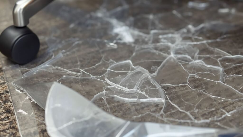 A cracked and damaged cheap plastic PVC office chair mat showing multiple crack lines from daily chair use demonstrating why thin plastic mats fail