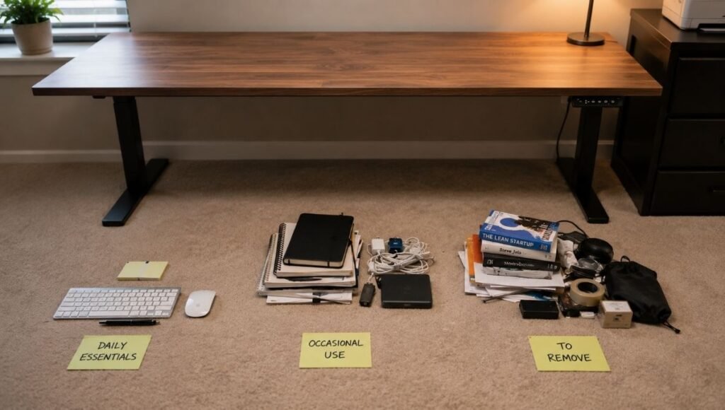 A desk cleared completely with items sorted into three groups on the floor beside it showing the audit process before organizing