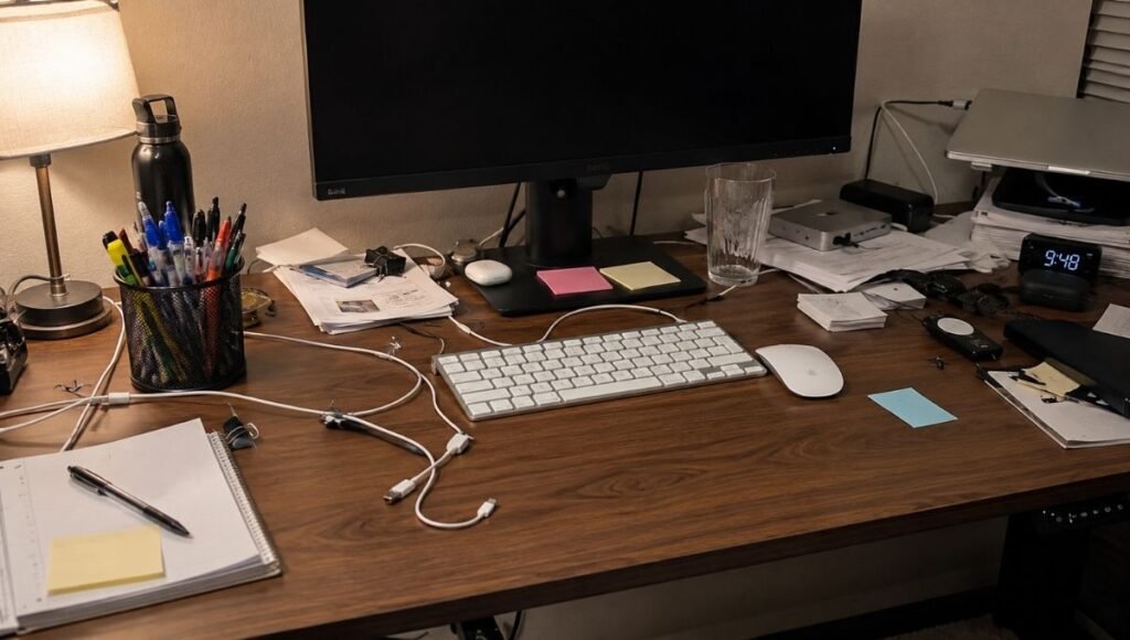 A moderately cluttered desk surface showing accumulated items without clear organization including a pen cup full of unused pens and random items