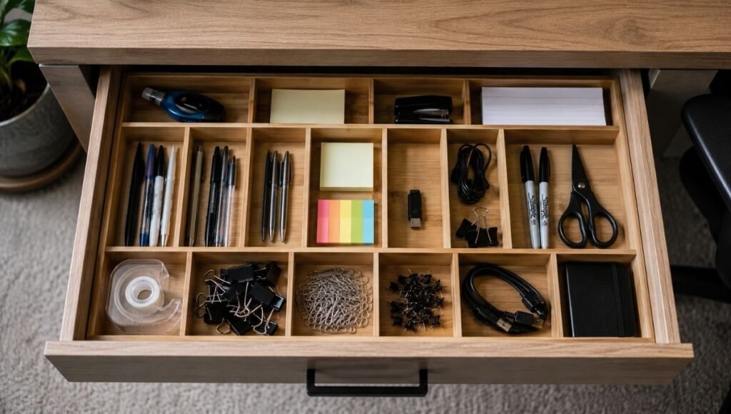 An open desk drawer showing a bamboo drawer organizer with adjustable dividers neatly organizing pens, paper clips, sticky notes, and small supplies