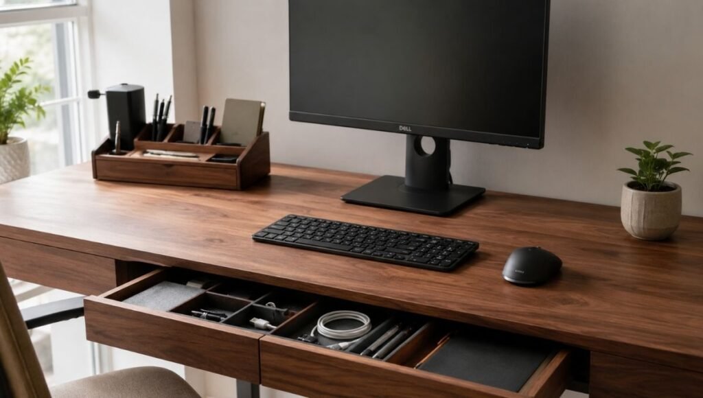 A home office desk with a complete organization system showing drawer organizer, minimal surface items, and clear working area