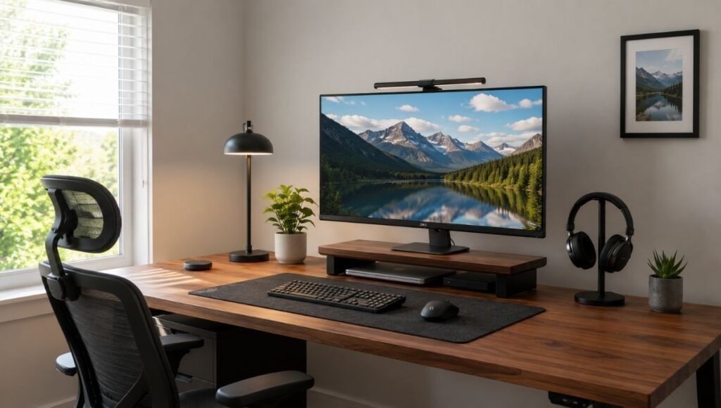 A home office desk positioned correctly with a window to the side providing natural light without screen glare, desk facing a neutral wall