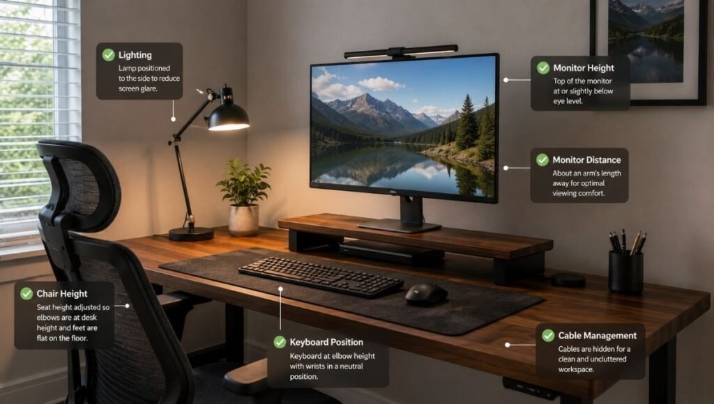 A home office desk setup being evaluated with visual indicators showing correct monitor height, keyboard position, lighting direction, and cable management