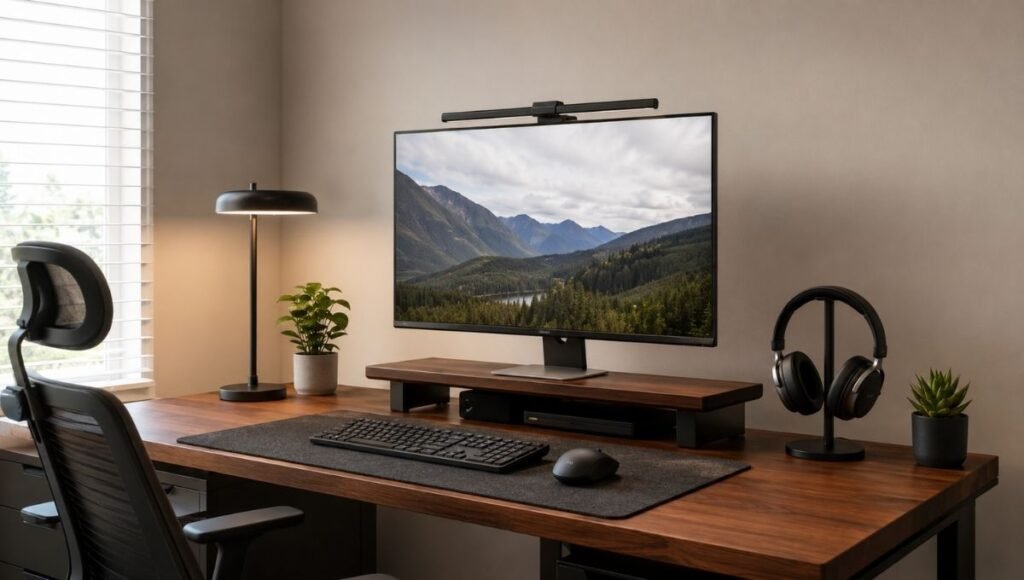 A complete ergonomic home office desk setup showing monitor at eye level, organized surface, hidden cables, desk mat, and proper lighting