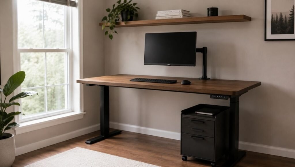 A home office desk showing complete vertical organization with a floating shelf above holding books and a under-desk storage unit below keeping floor clear